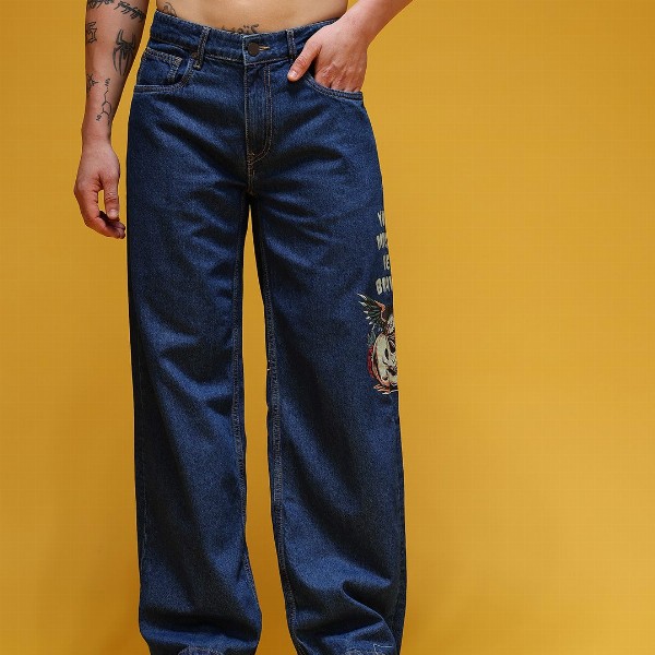 HERE&NOW Men Graphic Print Mid-Rise Pure Cotton Baggy Fit Jeans