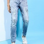 HIGHLANDER Men Tapered Fit Highly Distressed Mid-Rise Heavy Fade Stretchable Jeans