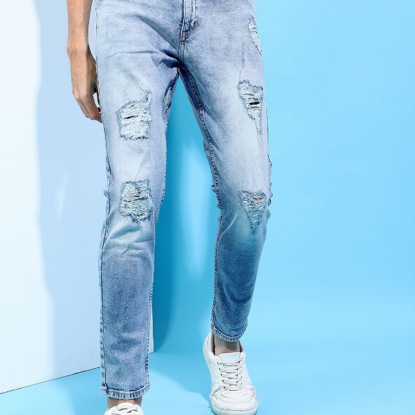 HIGHLANDER Men Tapered Fit Highly Distressed Mid-Rise Heavy Fade Stretchable Jeans