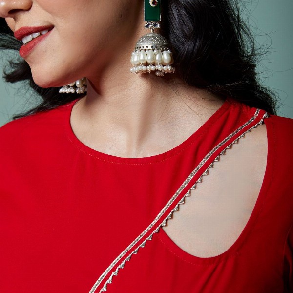 NUD Women Quirky Checked Cold-Shoulder Sleeves Mirror Work Georgette Kurta