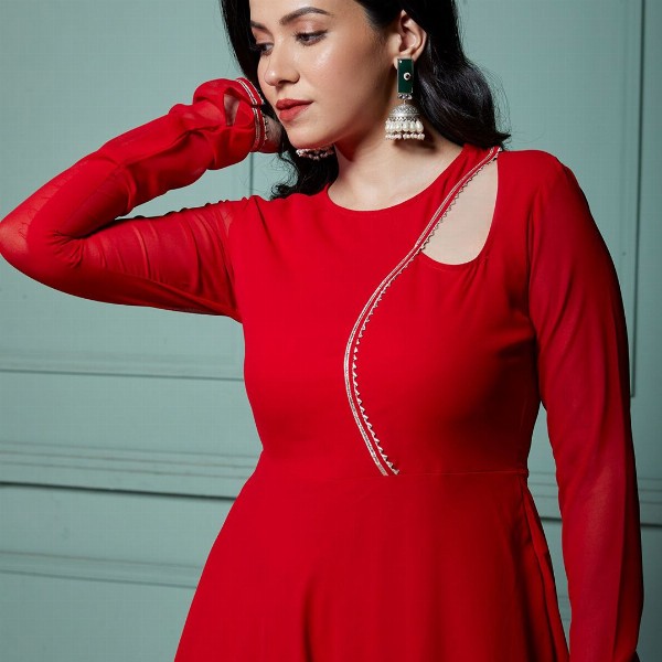 NUD Women Quirky Checked Cold-Shoulder Sleeves Mirror Work Georgette Kurta