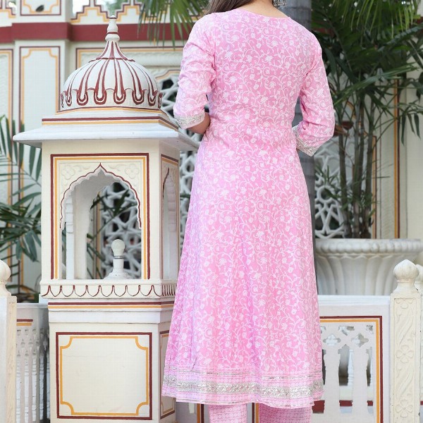 SINGNI Floral Printed Mirror Work Anarkali Kurta & Trousers With Dupatta
