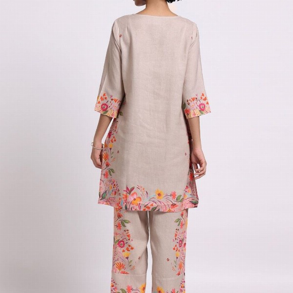Bombay Bloom Floral Printed Linen Kurta with Trousers