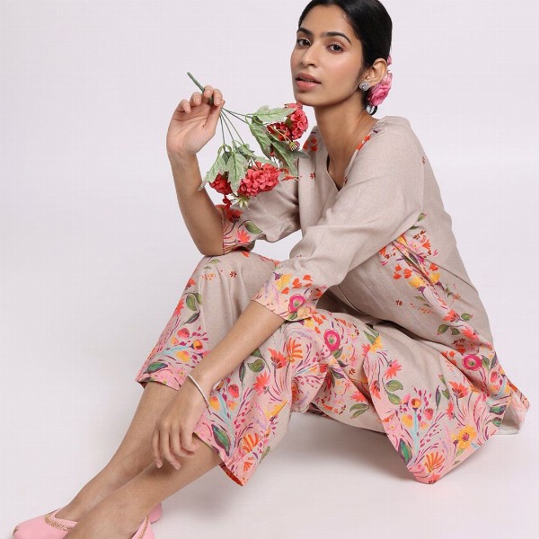 Bombay Bloom Floral Printed Linen Kurta with Trousers