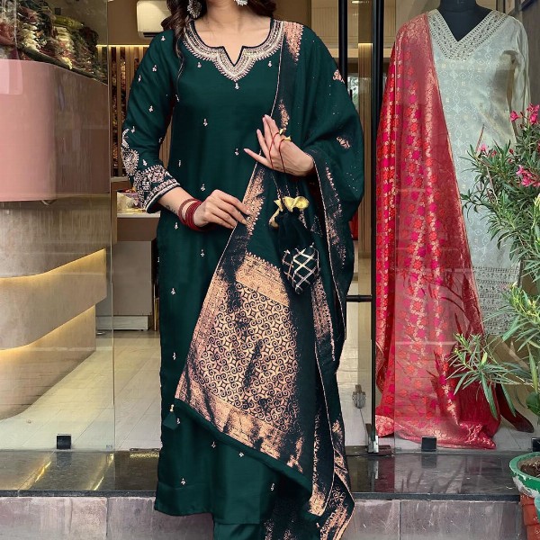 KALINI Floral Embroidered Beads and Stones Notch Neck Kurta With Trousers And Dupatta