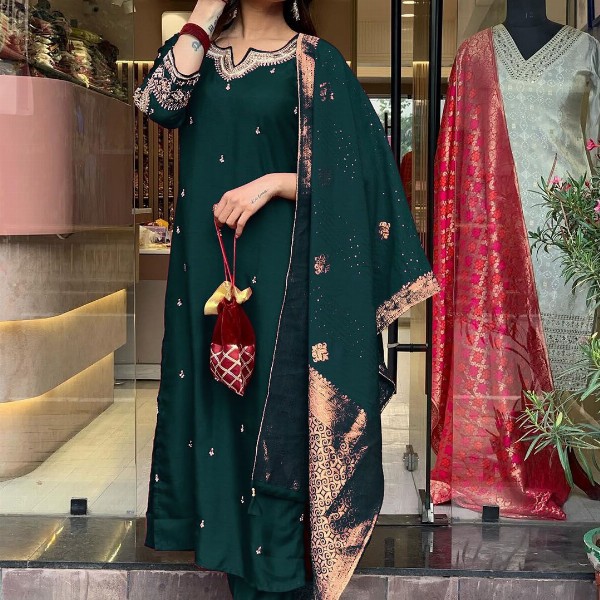 KALINI Floral Embroidered Beads and Stones Notch Neck Kurta With Trousers And Dupatta