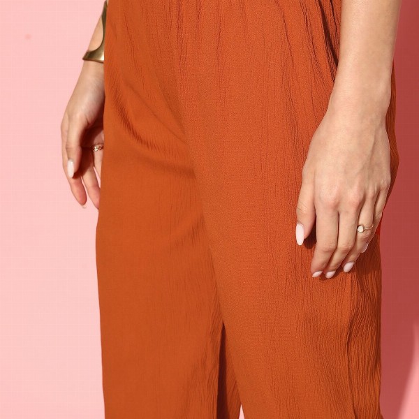 Varanga Rust Flared Sleeve Organza detailed V Neck Textured Kurta with Palazzo