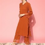 Varanga Rust Flared Sleeve Organza detailed V Neck Textured Kurta with Palazzo
