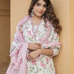 KALINI Women Floral Printed Regular Thread Work Pure Cotton Kurta with Trousers & Dupatta