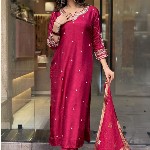 KALINI Floral Embroidered Straight Kurta With Trousers & Dupatta