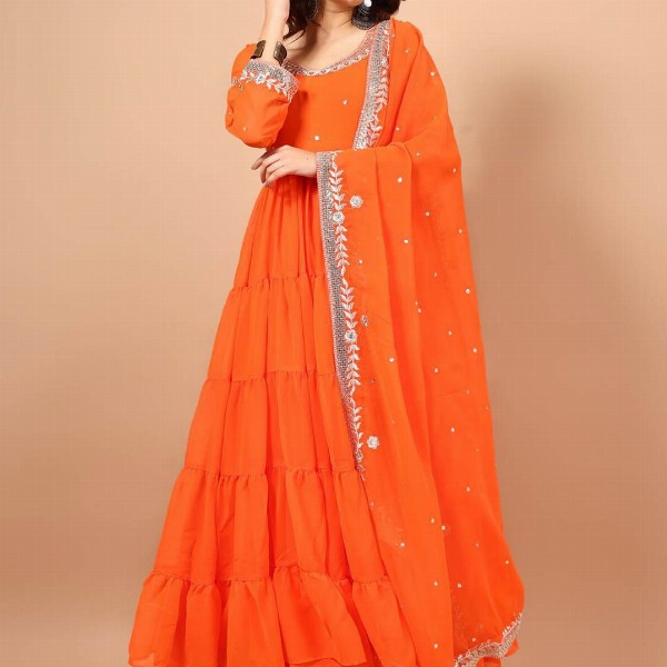 KALINI Floral Embroidered Georgette Anarkali Kurta with Pyjama & With Dupatta