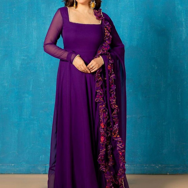 NUD Amethyst Square Neck Gotta Patti Georgette Anarkali Kurta With Dupatta