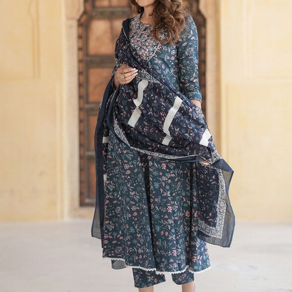 KALINI Floral Embroidered Thread Work Pure Cotton Anarkali Kurta With Trousers & Dupatta