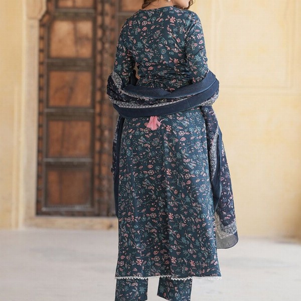 KALINI Floral Embroidered Thread Work Pure Cotton Anarkali Kurta With Trousers & Dupatta