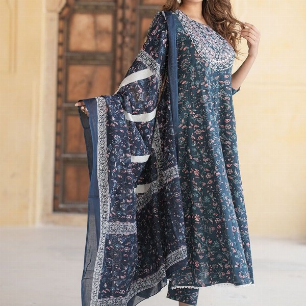 KALINI Floral Embroidered Thread Work Pure Cotton Anarkali Kurta With Trousers & Dupatta