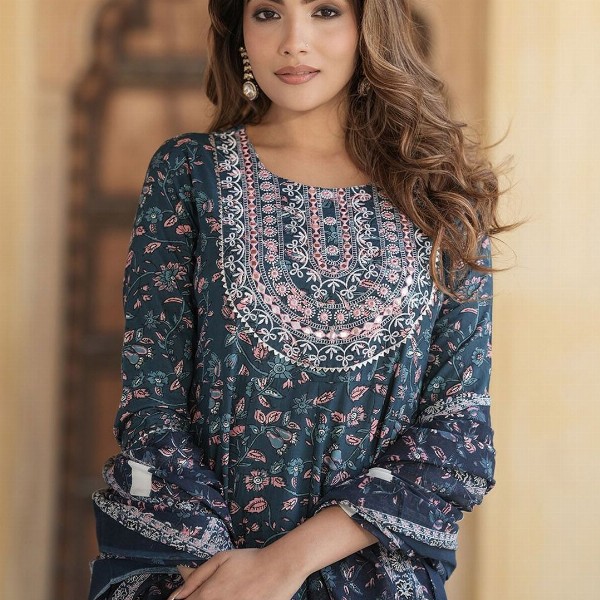 KALINI Floral Embroidered Thread Work Pure Cotton Anarkali Kurta With Trousers & Dupatta