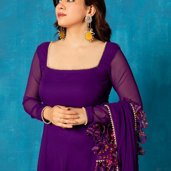 NUD Square Neck Gotta Patti Georgette Anarkali Kurta With Dupatta