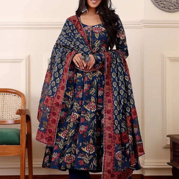 KALINI Floral Printed Anarkali Kurta With Trousers And Dupatta