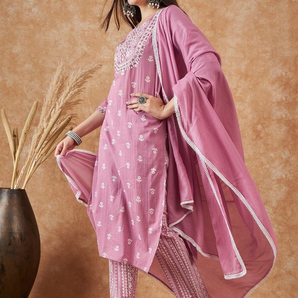 Sangria Floral Printed Pure Cotton Kurta With Trousers & Dupatta