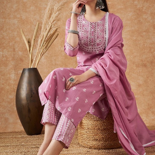 Sangria Floral Printed Pure Cotton Kurta With Trousers & Dupatta