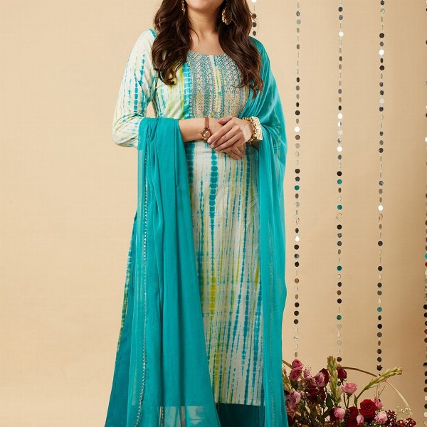 GoSriKi Shibori Dyed Regular Kurta with Trousers &  Dupatta