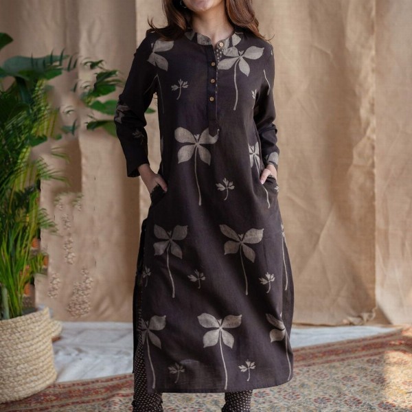 THE INDIAN ETHNIC CO Dark Brown Dabu Slub Cotton Kurta