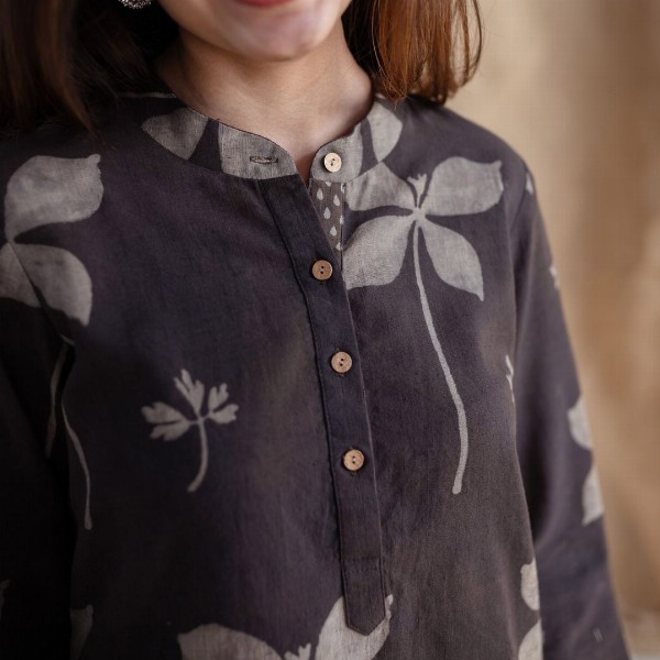 THE INDIAN ETHNIC CO Dark Brown Dabu Slub Cotton Kurta