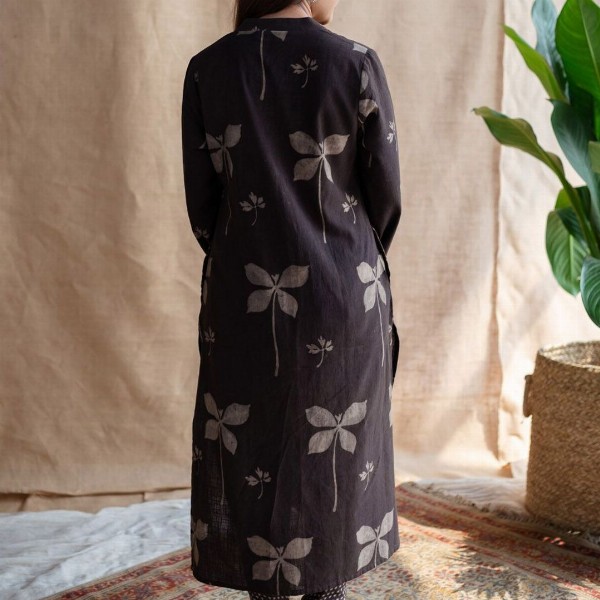 THE INDIAN ETHNIC CO Dark Brown Dabu Slub Cotton Kurta