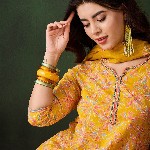 Sangria Floral Printed Sequinned V-Neck Straight Kurta & Trouser With Dupatta