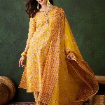 Sangria Floral Printed Sequinned V-Neck Straight Kurta & Trouser With Dupatta