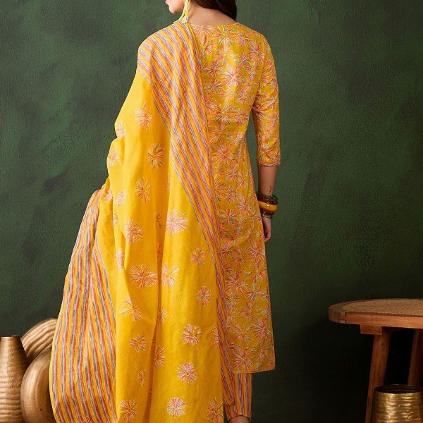 Sangria Floral Printed Sequinned V-Neck Straight Kurta & Trouser With Dupatta