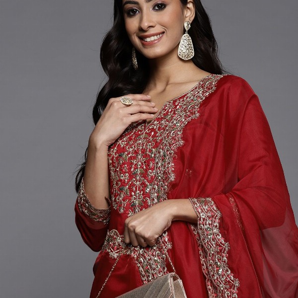 Indo Era Women Red Ethnic Motifs Embroidered Sequinned Liva Kurta with Trousers & Dupatta