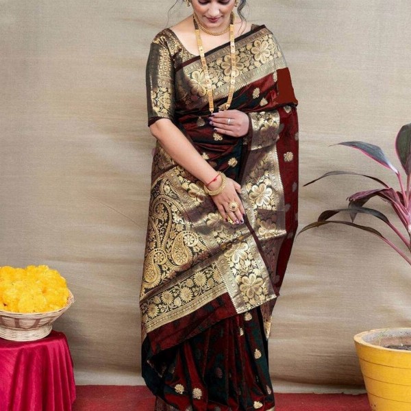 Dhyey Fashion Ethnic Motifs Woven Design Zari Pure Silk Banarasi Saree