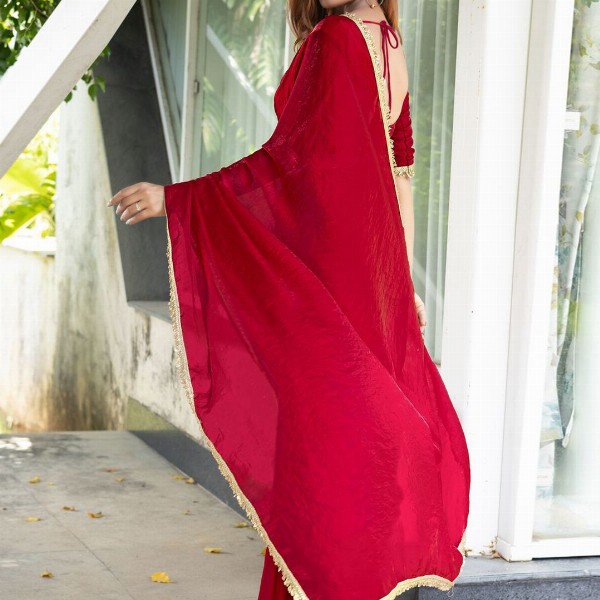 Mitera Satin Embellished Detail Saree with Blouse Piece