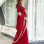 Mitera Satin Embellished Detail Saree with Blouse Piece