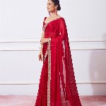 Mitera Red Embellished Beads & Stones Satin Saree