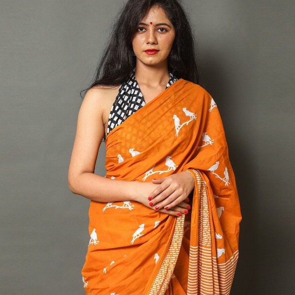 Pinkcity Trade World Geometric Printed Pure Cotton Mulmul Bagru Saree