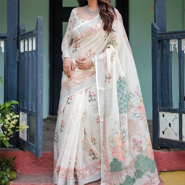 all about you Printed Floral Pure Linen Sarees