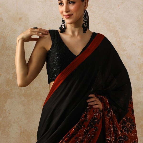 Moara Floral Pure Cotton Bagru Saree with Unstiched Blouse
