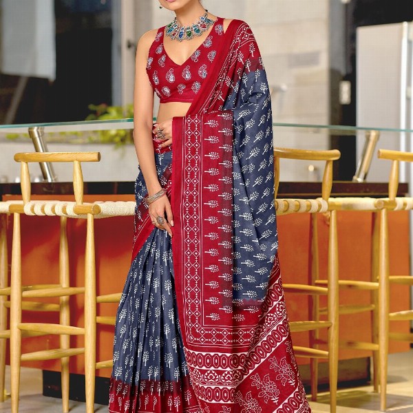 Panzora Floral Block Printed Mulmul Cotton Ready To Wear Saree