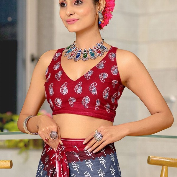 Panzora Floral Block Printed Mulmul Cotton Ready To Wear Saree