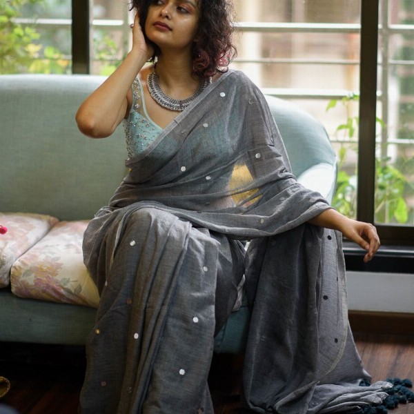 Suta Grey Embellished Sequinned Pure Cotton Saree