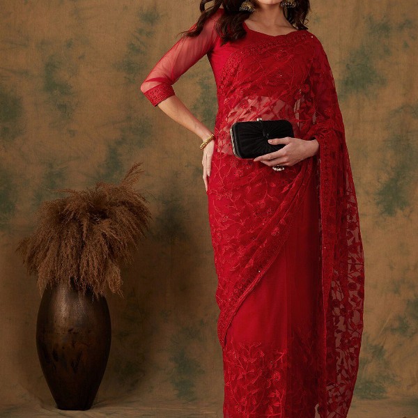 Sangria Embroidered Net Sarees