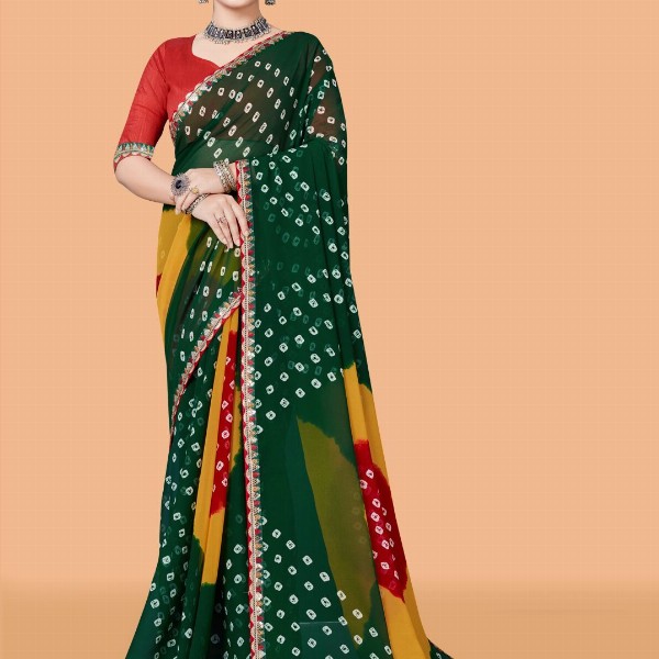 ASTEYAM Bandhani Sequinned Pure Georgette Bandhani Saree