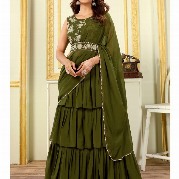 PATLANI STYLE Georgette 3-Layered Embroidered Ready To Wear Saree With Belt