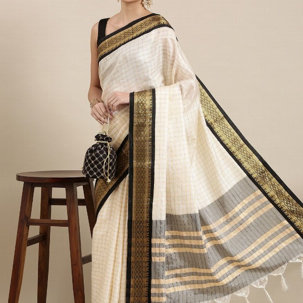 KALINI White & Black Checked Zari Silk Cotton Saree