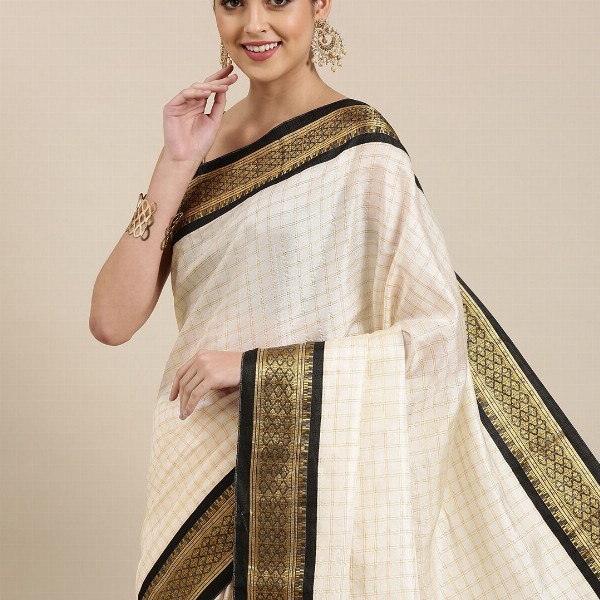 KALINI White & Black Checked Zari Silk Cotton Saree