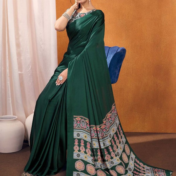 Mitera modal Ajrak Block Satin SareeWith Blouse Piece