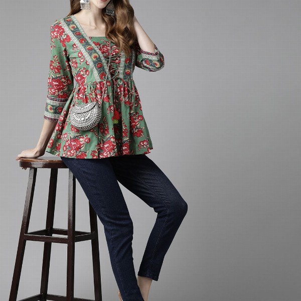 Rain & Rainbow Gather A-Line Print Top