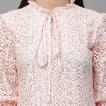 Style Quotient Self Design Tie-Up Neck Puff Sleeve Cotton Top